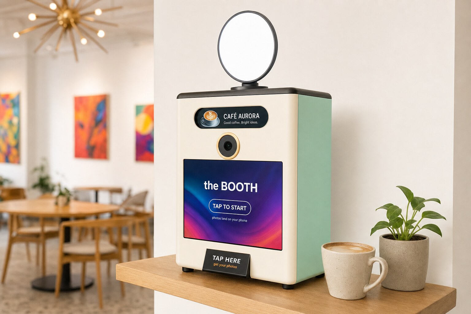 A Booth Mini sitting on a cafe counter beside a coffee cup